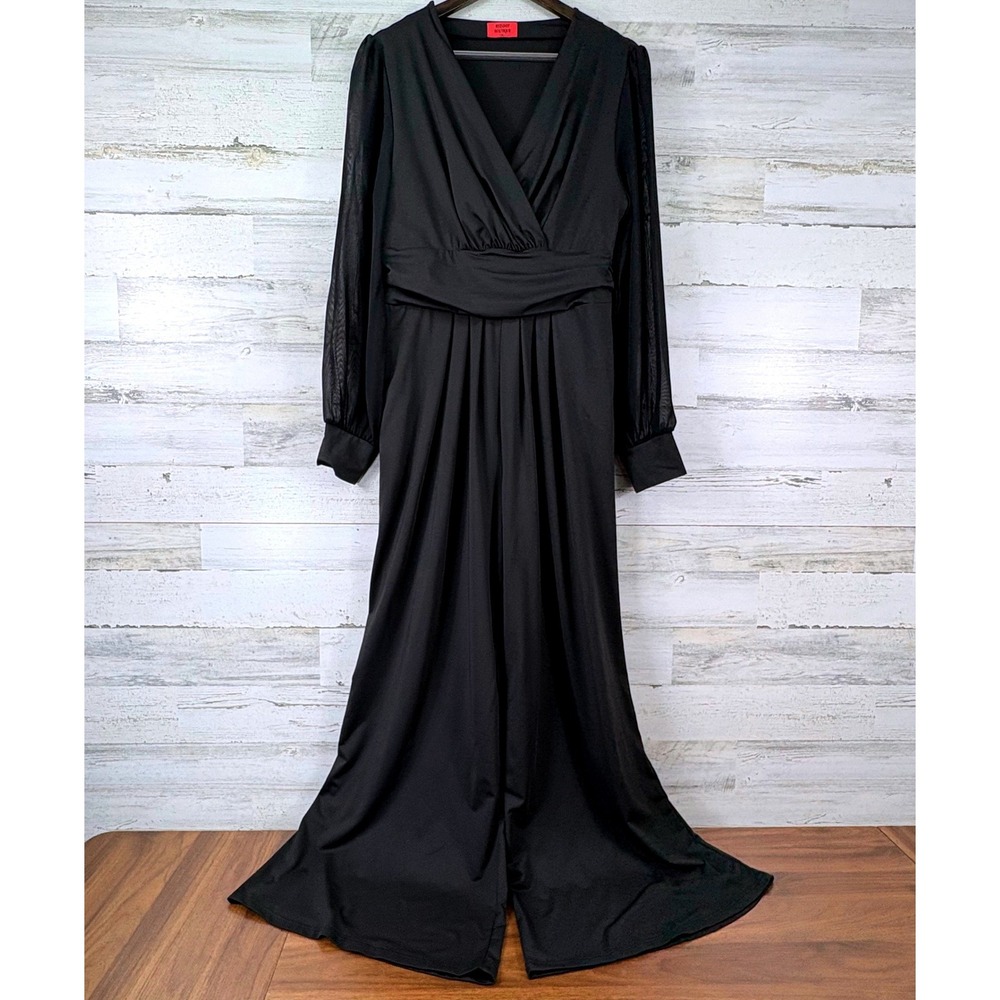 Red Dot Boutique Jumpsuit Womens XL Black Sheer Mesh Sleeve Wide Leg Chic Glam